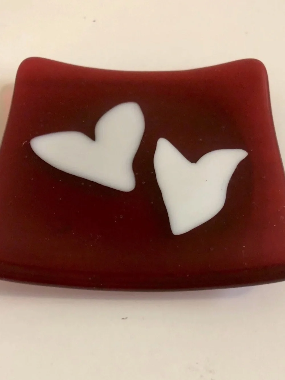 Red Fused Glass Trinket Dish with White Heart Accents